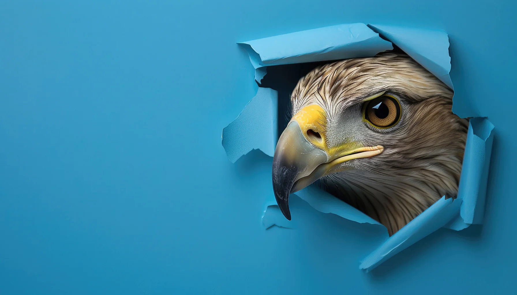 Een roofvogel door het blauwe scherm het z'n kop